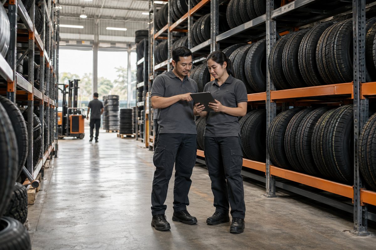 Illustrative scene of a tyre distributor team checking warehouse inventory.