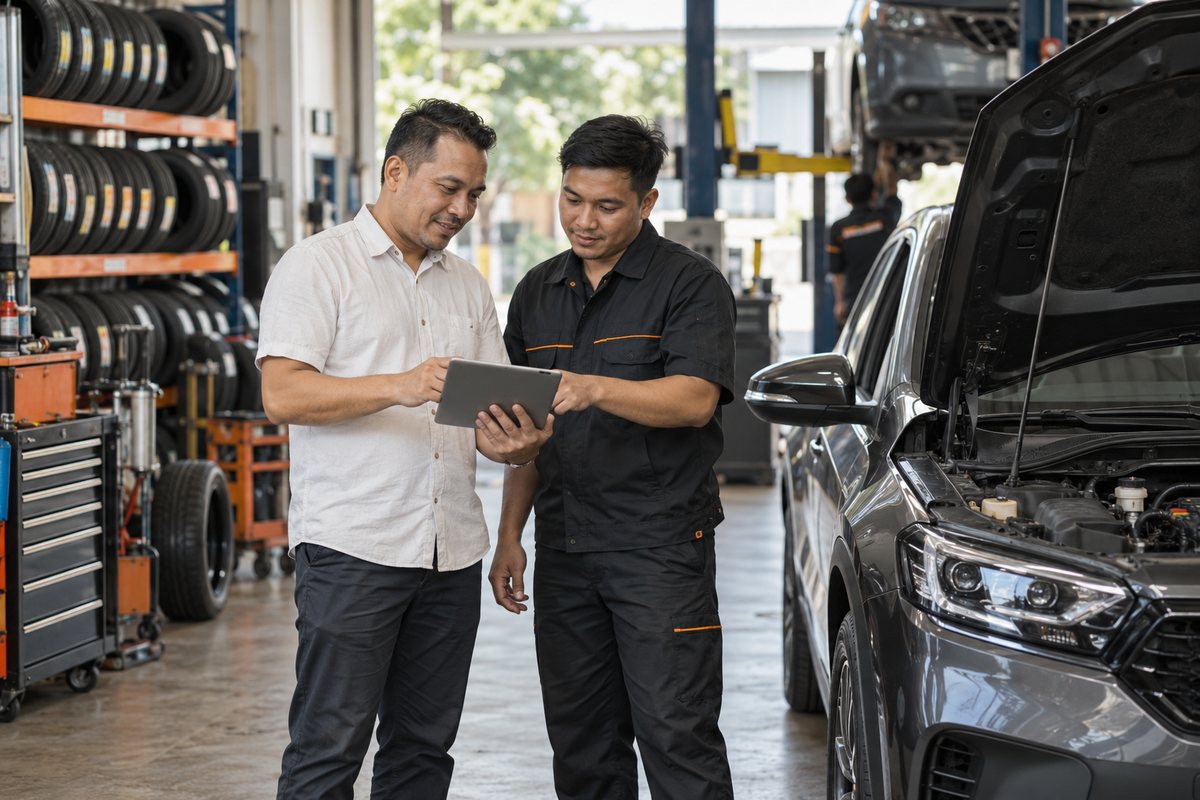 Illustrative scene of a workshop owner and technician reviewing a tablet beside a car.
