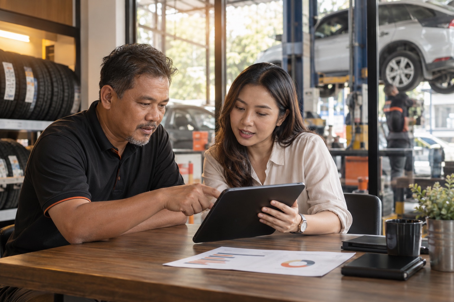 Business advisor reviewing shop performance with a workshop owner