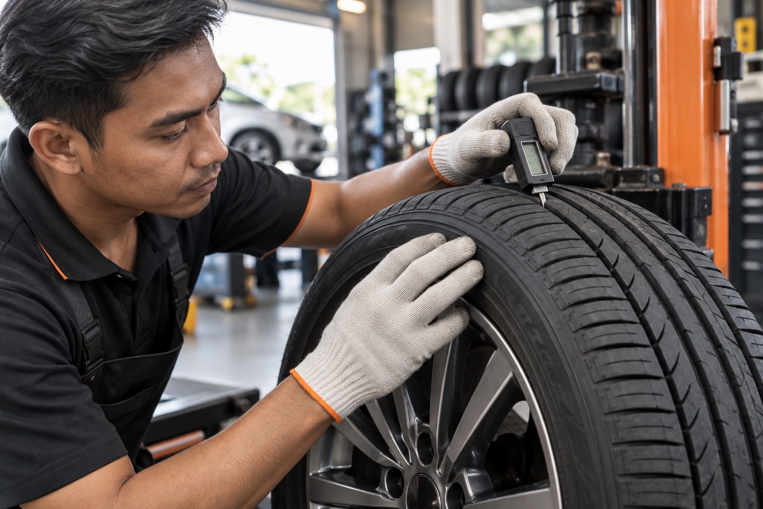 Technician inspecting tyre tread and fitment
