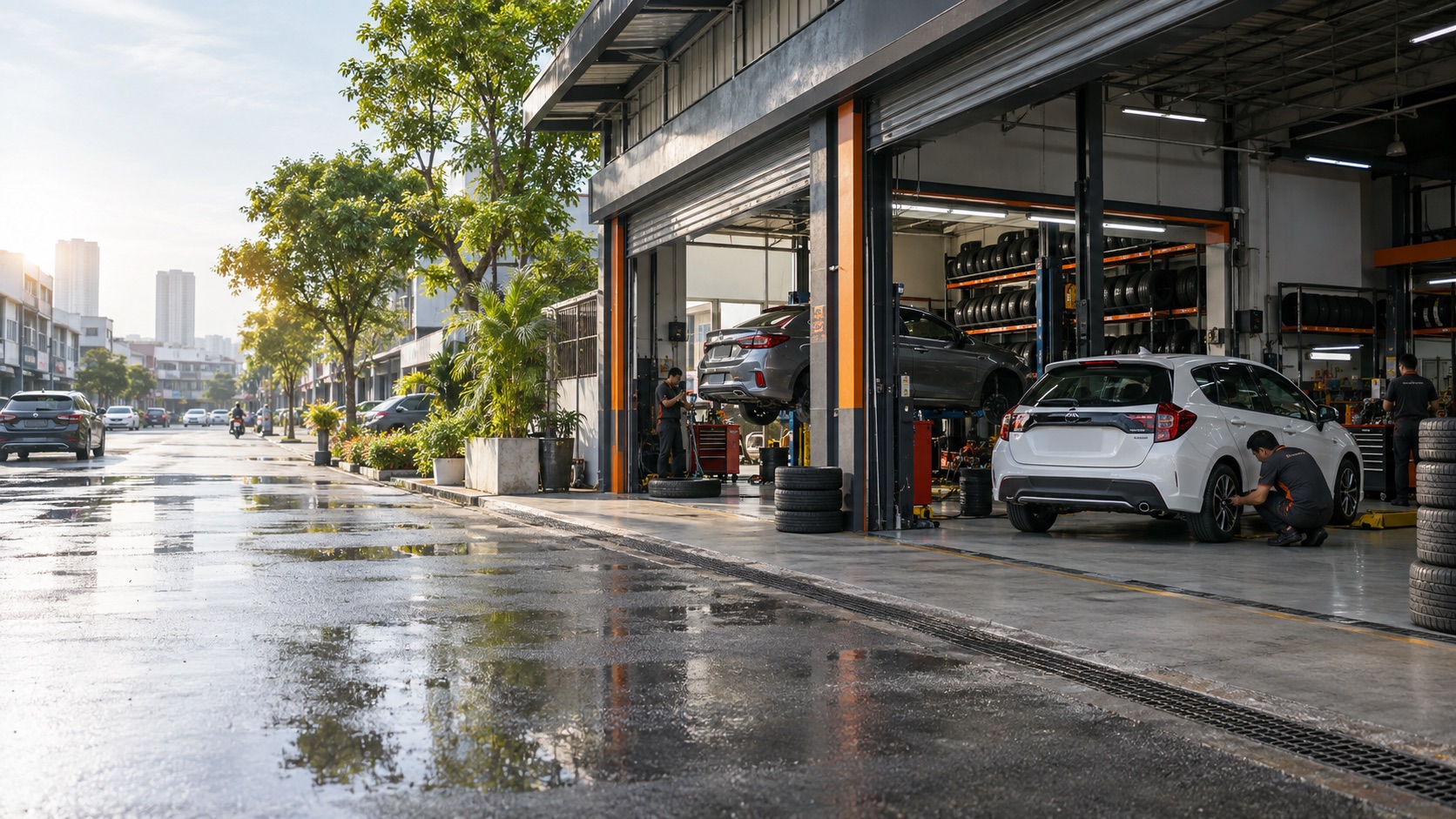 Modern Malaysian automotive workshop exterior