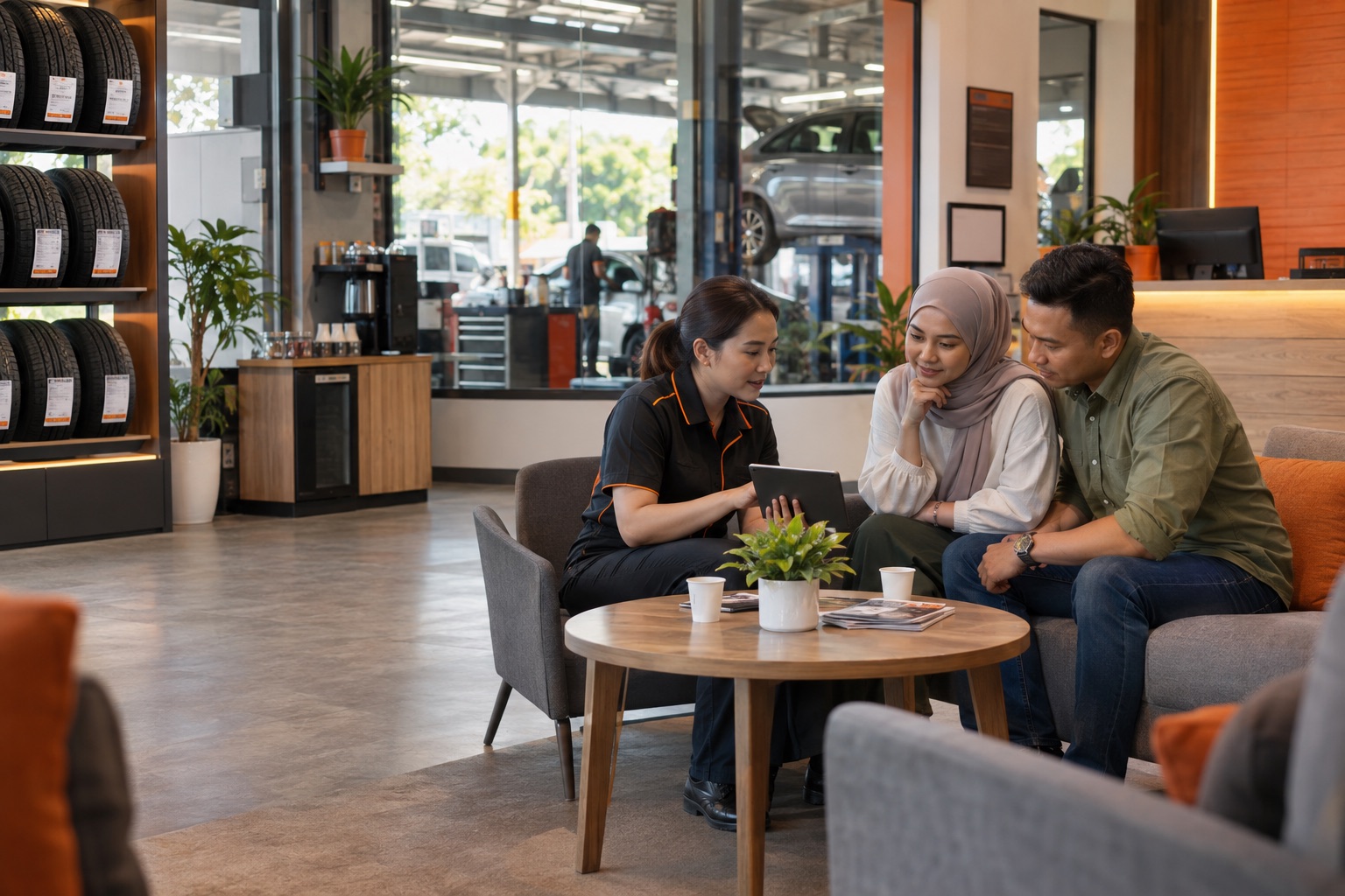 Customers receiving advice in a Malaysian workshop reception