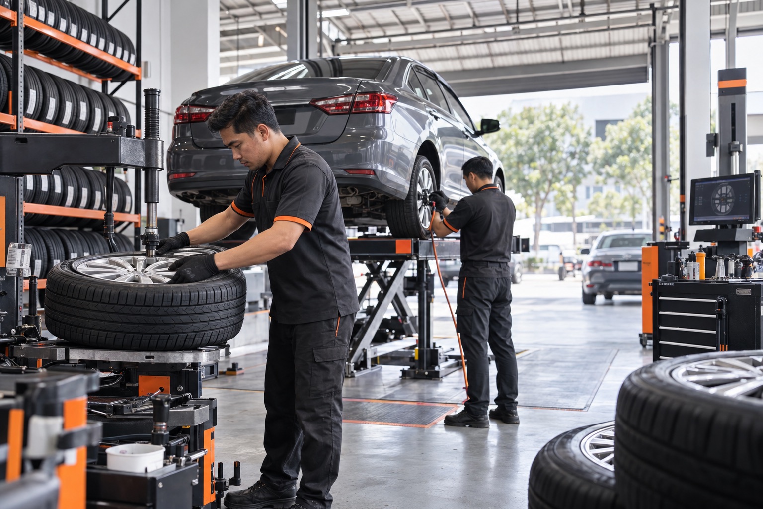 Technicians working in a clean Malaysian automotive workshop