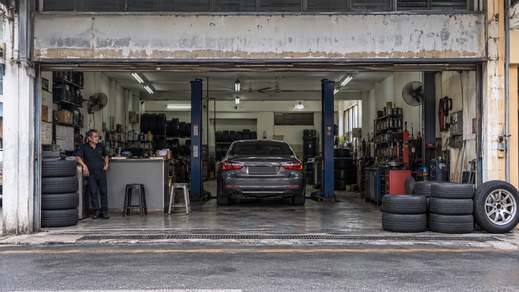 Traditional Malaysian tyre workshop before Klinikar